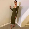 High Quality Women's Army Green Sexy Tight V-neck Long Sleeve Shoulder Rayon Bandage Celebrity Party Dress 210527
