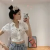 Chic Slim Fashion Sexy White Crop Tops Lace Up Puff Short Sleeve Blouse Women Pink Lapel Shirts Summer Clothing Blusas Mujer 210610