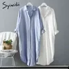 SYIWIDII長い白いシャツの女性のための春の夏の韓国のカジュアルな綿の緩いMIDIサイドスプリットブループラスサイズのドレス210417