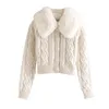 2021 Autumn new womens faux fur collar coarse wool knitted short sweater coat casacos plus size SML