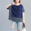 Oversized Striped T Shirt Kvinnor Bomull Linen Koreansk Tshirt Patchwork Vintage T-shirt Estetisk Tee Femme Kvinna Topp sommar 210720