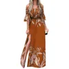 Kadın Maxi Elbise 2021 Kapalı Omuz Çiçek Baskı Maxi Elbise Zarif Yüksek Bölünmüş Dantelli Düğmeler Kadın Elbise Sundress Y1006