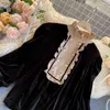 Vintage Women Velvet Blouse Casual Stand Collar Double Breasted Puff Long Sleeve BrownBlack Shirt Female Spring Autumn 210401