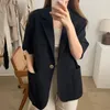 Qooth Retro En-knapp Lös långärmad Blazer Solid All Match Blazer och High-Waist Wide-Ben Byxor Casual Long Pants Qt631 210518