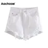 Aachoae Femmes Solid Shorts Jeans Été Rétro Raw Edge Baggy Mom Jeans Taille Haute Zipper Fly Casual Bottoms Vaqueros Mujer 210413