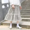 Plaid Lace Panel Pläterad Kjol Kvinnor Vintage Sommar Hög Midja Midi Skirt Koreanska Kawaii Basic Wild Harajuku Cake Long Kjolar 210619