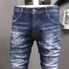 Estilo italiano moda homens jeans de alta qualidade elástica magro fit pintado designer rasgado denim calça streetwear calças de hip hop