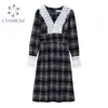 Sticka v Neck Design Klänningar Kvinnor Plaid Retro Eleganta Frocks Hög midja Elegant Koreansk Vår Långärmad Ins Klänning Mujer 210417