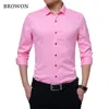 Browon Bryste Silky Formell Skjorta Män Klassisk Business Långärmad Fast Färg Broderi Collar Slim Fit Shirt Varumärke Kläder 210708