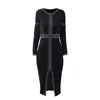 PERHAPS U Black And White O Neck Full Long Sleeve Geometric Knitted Knee Length Pencil Split Autumn Winter Dress Elegant D0753 210529