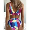 Drukuj Swimsuit Kobiety 2021 Stripe High Waist Bikini Ustaw Off Ramię Stroje kąpielowe Lace Up Kąpiel Seksowny Dwuczęściowy Bathers Push Up X0522