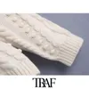 TRAF Women Fashion Bobble Appliques Hollow Out Knitted Sweater Vintage O Neck Long Sleeve Female Pullovers Chic Tops 210415