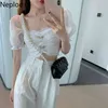 NEPLOE Femmes Blouse Blouse Blouse Slim Shirts Summer Coréen Fashion Blusas Sexy Patchwork Gauze Crop Tops 4I681 210422