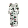 Lente zomer ruches stretch vrouwen midi schede jurk bodycon sexy vierkante kraag rose floral print elegante feestjurken 210416