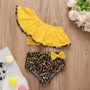 Baby Clothes Set Summer Kids Girl Oblique Shoulder Leopard Bowknot Bikini Swimwear Swimsuit Casual Split Bathing Suit 210508