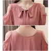 Summer Solid Color Round Collar Elegant Lady Tops Korean Fashion Short Sleeve Lace Chiffon Blouse Women White Blouse 9033 50 210527