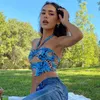 2021 Nya Kvinnor Sexiga Tops Blue Sleeveloff-The-Shoulder Leopard Printed Hollow-out Backlcamisole Sexig Bustier x0507