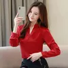 Jesień Silk Szyfonowe Koszule Solidne Czerwony Z Długim Rękawem Moda Dolna Koszula Przycisk Shtand Collar Kobiet Topy Plus Size 6266 50 210417