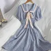 Kontrastlı Renk Kravat Yay Düğüm Yaka Puf Kol Midi Uzun Elbise Yaz Vintage Şifon Tatlı Çiçek Kadınlar Için 210420