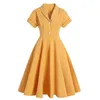 Kvinnor sommar vintage fransk stil klänning gul färsk söt mittlängd v-hals plus storlek smala klänningar kvinnlig LR1325 210531