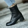 Meotina Stivaletti con tacco alto in vera pelle Scarpe da donna Punta quadrata Cerniera con lacci Stivaletti con tacco alto Autunno Marrone Nero 210520