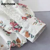 Chic Lace Parchwork Floral Print Blus Kvinnor Casual Stand Collar Loose Shirt Kvinna Långärmad Vintage Toppar 210413