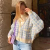 Vintage 90s houndstooth impressão outono inverno de malha manga longa mulheres cardigan suéteres feminino streetwear knitwear tops 210914