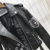 FMFSSOM Spring Women Faux Leather Jacket Turn-Down Collar Letter Print Epaulet Rivet Zipper Lady Letter Vintage Biker Ytterkläder 210908