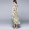 Sommardesigner Vacation Dress Kvinnors V-hals Ruffles Fashion Yellow Camellia Print A-Line Maxi Dresses Fiesta 210421