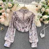 Spring Herfst Chiffon Shirt Geplooid Gepardeerd Afslanken Temperament Small Stand-Up Collar Puff Sleeve Retro Floral Blouse UK879 210506