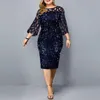 Plus Size Klänningar Festklänning Dam Midi Paljett Mesh Långärmad Spets Elegant Bodycon XL-4XL 5XL Kväll Kvinna Sommar 2021