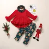 Set di abbigliamento per bambini ragazze abiti natalizi per bambini top maniche increspate+pantaloni stampati per cervo di Natale+sciarpa 3pcs/set di vestiti per bambini della moda autunno primaverile