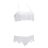 Costume da bagno brasiliano sexy Costume da bagno bikini in pizzo con scollo all'americana Solido Costume da bagno donna Due pezzi Bikini con volant bianco 210629