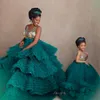 Hunter Green Flower Girls Dresses For Weddings Jewel Neck Illusion Sleeveless Crystal Beading Tiered Tulle Birthday Children Pageant Gowns Sweep Train 403