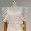 Patchwork Ruffle elegante vestido para mulheres o pescoço de manga curta cintura alta bordado vestidos brancos feminino moda 210520