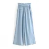 Solid Casual Paper Bag Pants Women High Waist Loose Pleated Long Trousers Female Elegant Straight Sashes Wide Leg 210515