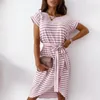 Vintage Black Striped Print Kvinnors Sommarklänning Casual Soft Lång med Bälte Kvinna Boho Beach Elegant Vestidos 210427