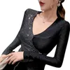 Printemps Élasticité Femmes Tops À Manches Longues Col V Chemises À Paillettes Pull Vêtements Dames Blusas Mujer 8235 50 210508