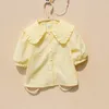 Maluch Girl Puff Sleeve Top Lato Nastoletnie Dziewczyny Przycisk Żółty Bluzka Moda Dzieci Turn-Down Krótkie Koszulki 210622