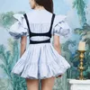 Słodki Niebieski Patchwork Diamond Sukienka Dla Kobiet O Neck Puff Krótki Rękaw Wysokowy Talia Hit Kolor Mini Dresses Odzież 210531