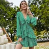 Deep V Neck Bow Layered Ruffle Dresses Kvinnor Vår Sommar Skriv ut Långärmad Holiday Casual High Waist Mini Dress 210510