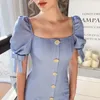 Dabuwawa Exclusive Vintage Blue Square Neck Summer Dress Women Puff Sleeve Single Breasted A-Line Party Dresses Ladies DO1BDR040 210520