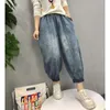 Spring Arts Style Women Elastic Waist Loose Vintage Blue Jeans All-matched Casual Cotton Denim Harem Pants Big Size V290 210512