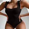 All-in-one women's bikini solid color one-piece swimsuit wooden ears shoulder strap sexy generous collar high elasticity 6-color swimwear girls bathing suit