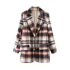 Vintage femmes laine Plaid Blazers mode dames Streetwear col cranté veste élégante femme Chic poche vestes 210430