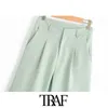 Traf Women Chic Fashion Office Wear Straight Pants Vintage High midjesidfickor Kvinnliga korta pantaloner Mujer 210607
