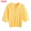 Women Fashion Solid Yellow Knitted Sweater Vintage Short Sleeve Female Pullovers Chic Tops AI61 210416