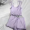 Summer pajamas suit lace-up bow-knot halter top with thin straight shorts two-piece sets contrast color ruffles female 210420