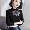 Spring Winter Clothes Women Fashion Long Sleeve Warm Solid Hollow Sexy Mesh Women Blouses Lace Turtleneck Ladies Tops 7822 210527