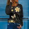 Kvinnors Blusar Skjortor Blommor Tryckt Casual Kvinnor O Neck Långärmad Top Vintage Kvinna Blusas Camisas de Mujer